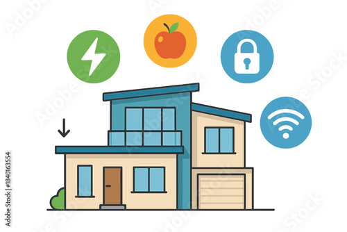Modern house connected to smart home technology icons for security, energy, and Wi-Fi
