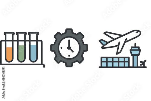Set of three colorful icons representing science, time management, and global travel logistics