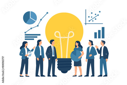 Corporate professionals discussing business strategy and data insights next to a giant light bulb