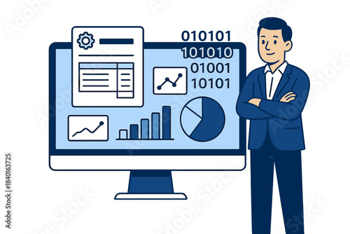 Professional man analyzing business data and financial reports displayed on a computer screen