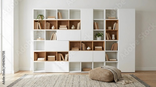 Modern bright living room showcasing a large, modular white and wood bookshelf. Neatly arranged with books, green plants, and stylish decor, creating a clean, inviting contemporary interior