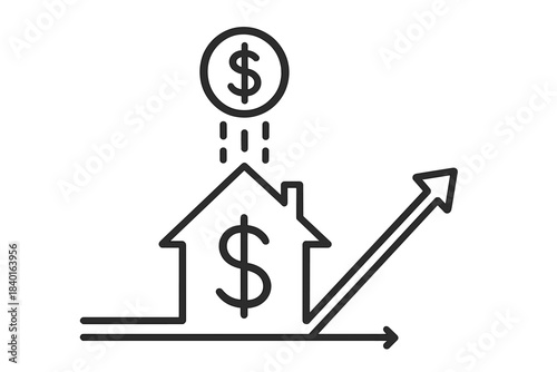 House icon with dollar signs and upward arrow symbolizing real estate investment growth