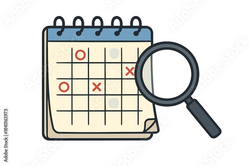 Magnifying glass examining a calendar page marked with important dates and tasks