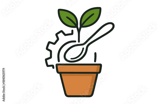 Conceptual design of sustainable food technology combining a growing plant, spoon, and gear in a flowerpot