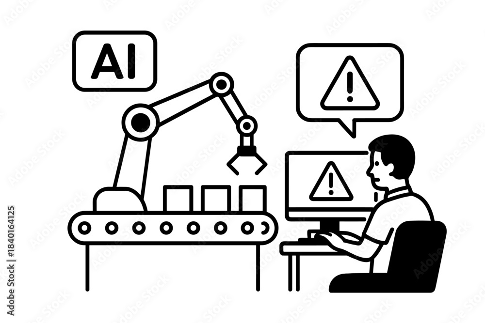 Fototapeta premium Artificial intelligence robotic arm failure warning monitored by human operator