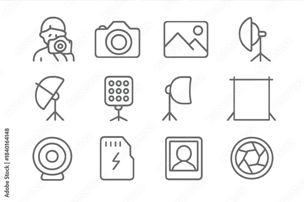 Fototapeta premium Professional collection of photography and studio equipment symbols for digital interfaces