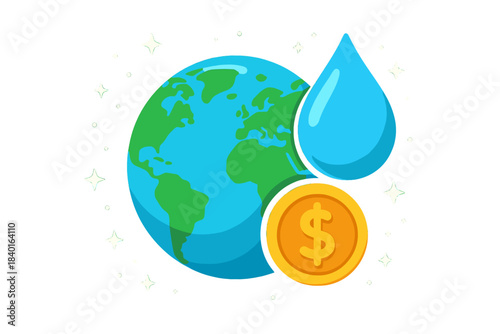 Financial value of global water resources symbolized by Earth, water drop, and dollar coin