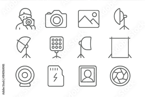 Professional collection of photography and studio equipment symbols for digital interfaces