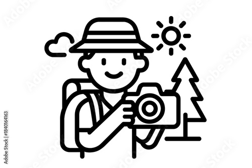 Smiling tourist wearing a hat and backpack taking pictures of nature with a camera outdoors
