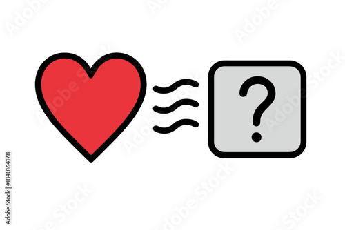 Red heart sending wavy signals toward a question mark representing love and emotional uncertainty