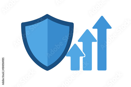 Blue shield icon with three rising arrows representing security, progress, and business growth