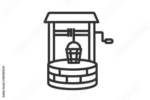 Traditional water well structure featuring a bucket, crank mechanism, and protective roof