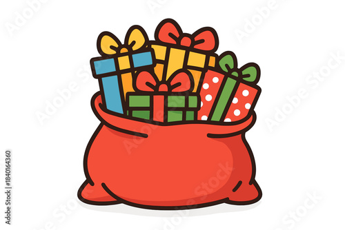 Red sack overflowing with colorful holiday presents and wrapped gift boxes
