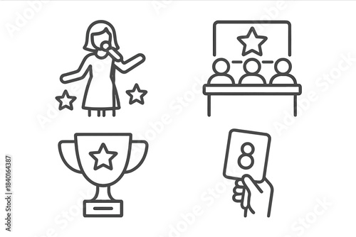 Elements of a singing competition including a performer, judging panel, winner trophy, and score card