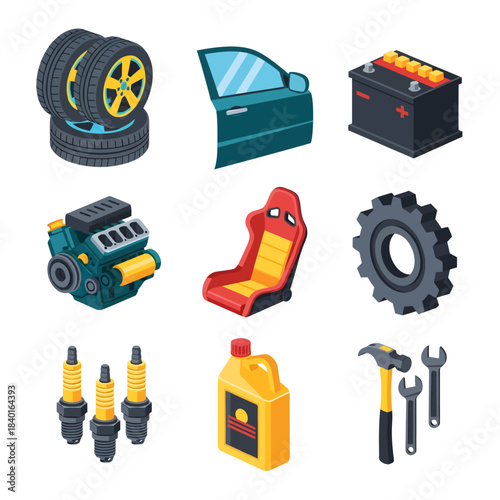 A vibrant collection of nine isometric vector icons depicts essential automotive components, such as a car engine, tires, and repair tools, arranged in a grid