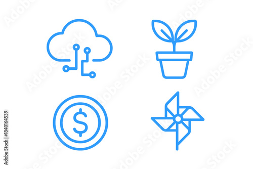 Digital cloud technology, financial investment, money, and sustainable energy symbols