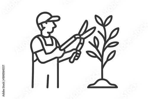 Worker wearing overalls and a cap trimming a sapling with gardening shears