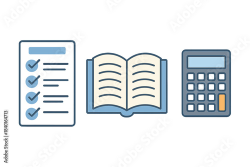 Checklist, open book, and calculator icons representing essential tools for education and finance