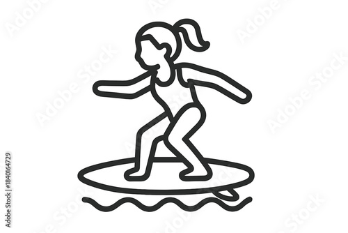 Minimalist black outline of a female surfer balancing on a surfboard over ocean waves