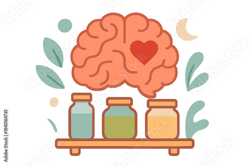 Stylized human brain with heart symbol above natural remedies on a shelf