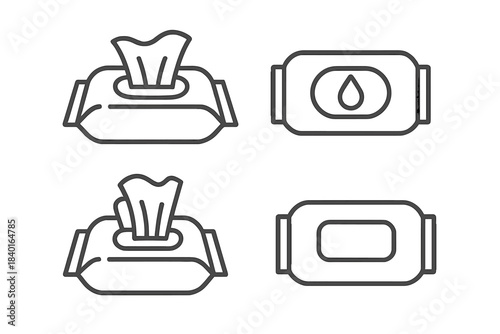 Outline symbols of disposable wet wipes packaging and containers for hygiene products
