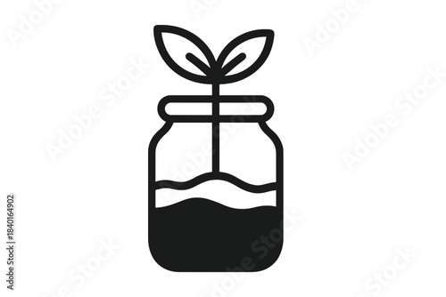 Small plant sprout growing inside a glass jar filled with water, symbolizing nature and ecological growth