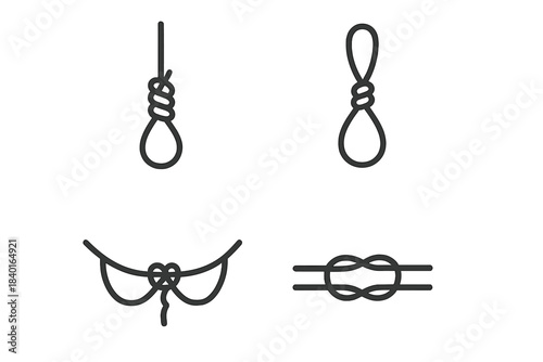 Collection of various rope knots including slip knot and hangman's noose
