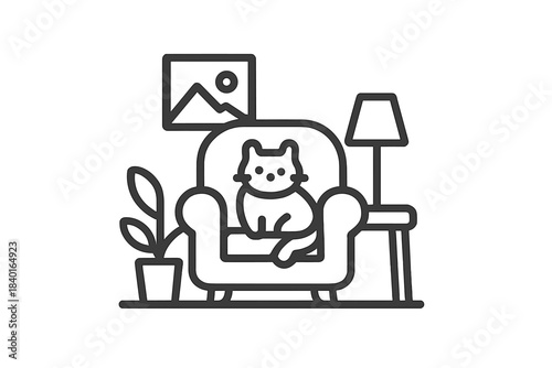 Cute cat sitting comfortably on a living room armchair near a lamp and houseplant