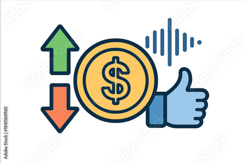 Financial investment success and market volatility with currency and growth arrows
