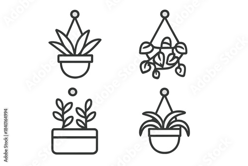 Collection of minimalist line art symbols depicting potted houseplants and hanging indoor greenery