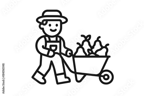 Smiling farmer pushing a wheelbarrow loaded with ripe pears ready for market or storage