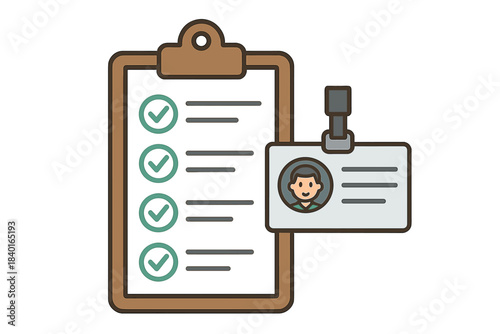 Clipboard checklist with completed tasks and an employee identification badge