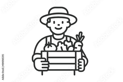 Smiling farmer in a straw hat and overalls holding a wooden crate of freshly harvested organic produce