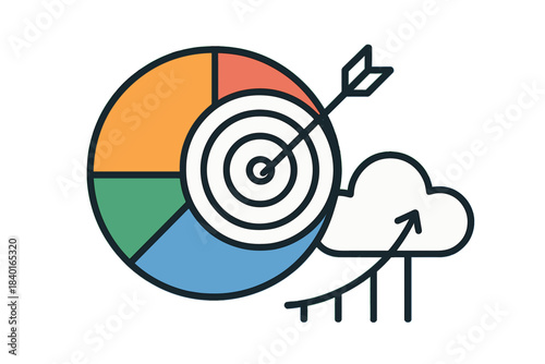 Data analysis strategy showing pie chart, target, and cloud computing growth