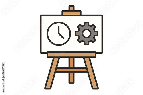 Conceptual display of time and settings icons on a wooden easel for scheduling and efficiency