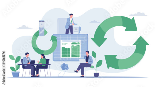 Business workflow with data analysis, teamwork, and continuous process cycle