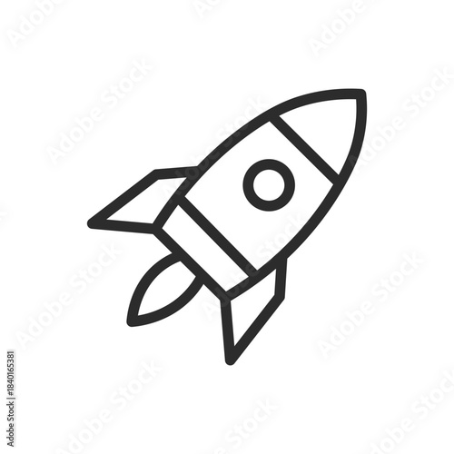 Illustration of simple line art icon of a cartoon rocket ship taking off, symbolizing startup, launch, speed, and progress