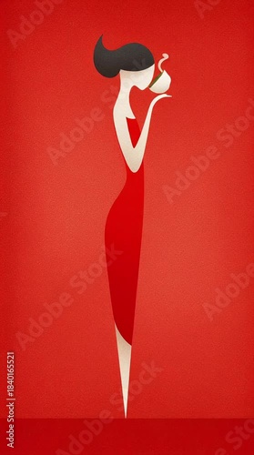 girl in red dress is drinking coffee