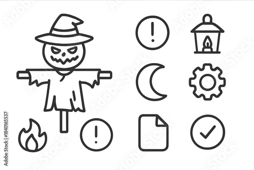 Outline symbols featuring a scary scarecrow, warning signs, settings gear, and night elements