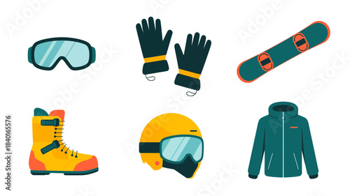 Flat design collection of winter sports gear, snowboard and ski equipment