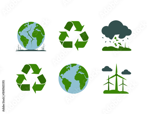 Global environmental issues, recycling, renewable energy, eco icons