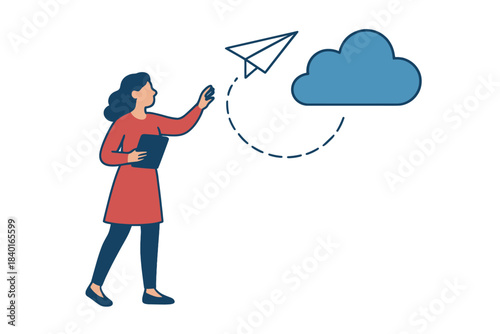 Businesswoman sending data via paper airplane to cloud storage for digital transfer