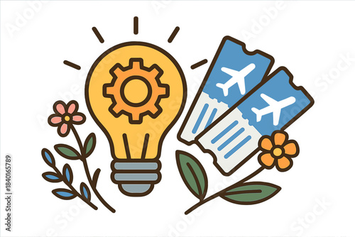 Creative travel planning concept with light bulb, airplane tickets, and natural elements