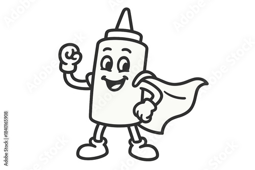 Happy cartoon condiment bottle mascot character wearing a superhero cape in a heroic pose
