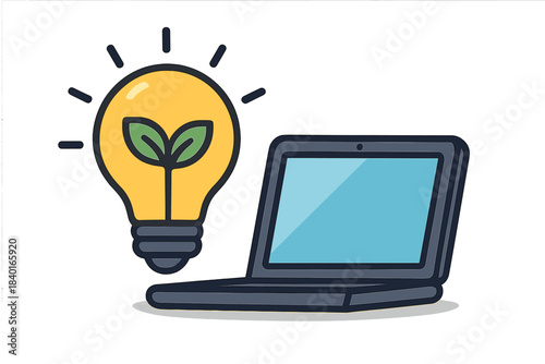 Sustainable idea generation concept with glowing light bulb and green plant sprout next to a modern laptop