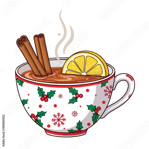 Christmas tea cup with cinnamon sticks and lemon slice, vector illustration