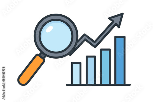 Magnifying glass analyzing business growth data represented by a rising bar chart and upward trend line