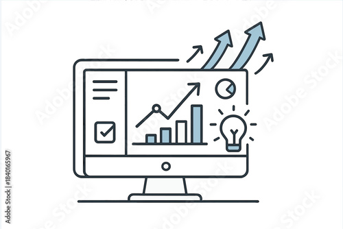 Business growth and financial success displayed on a computer screen with rising arrows and data charts