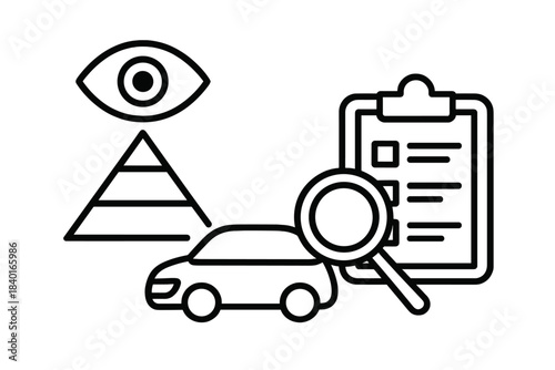Car safety assessment and quality control process with checklist and eye symbol