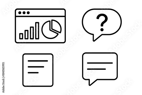 Minimalist outline icons for web and mobile interfaces featuring data, inquiry, document, and message